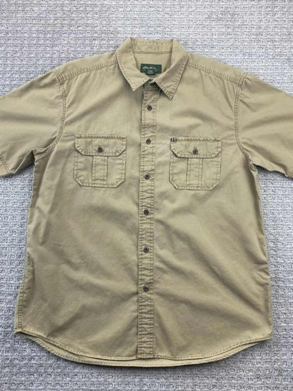 Eddie Bauer Shirt Men Large L Brown Khaki Button Up Short Sleeve Pockets